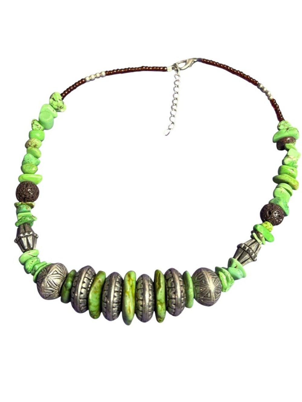 Artisan Beaded Necklace Green Dyed Howlite Silvertone Red Glass Seed Beads